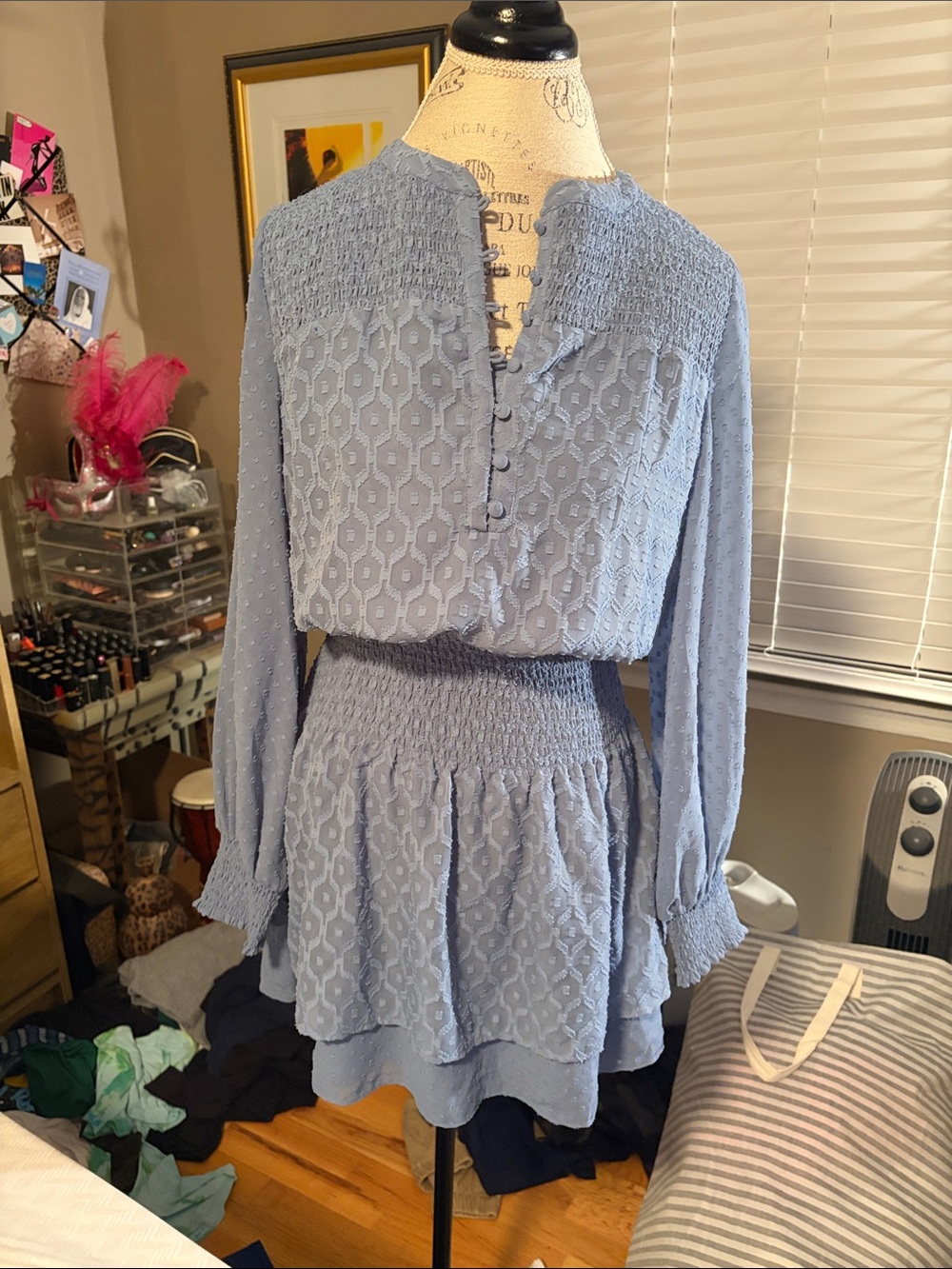 White House Black Market Light Blue Long-Sleeve Smocked Waist Dress - XS